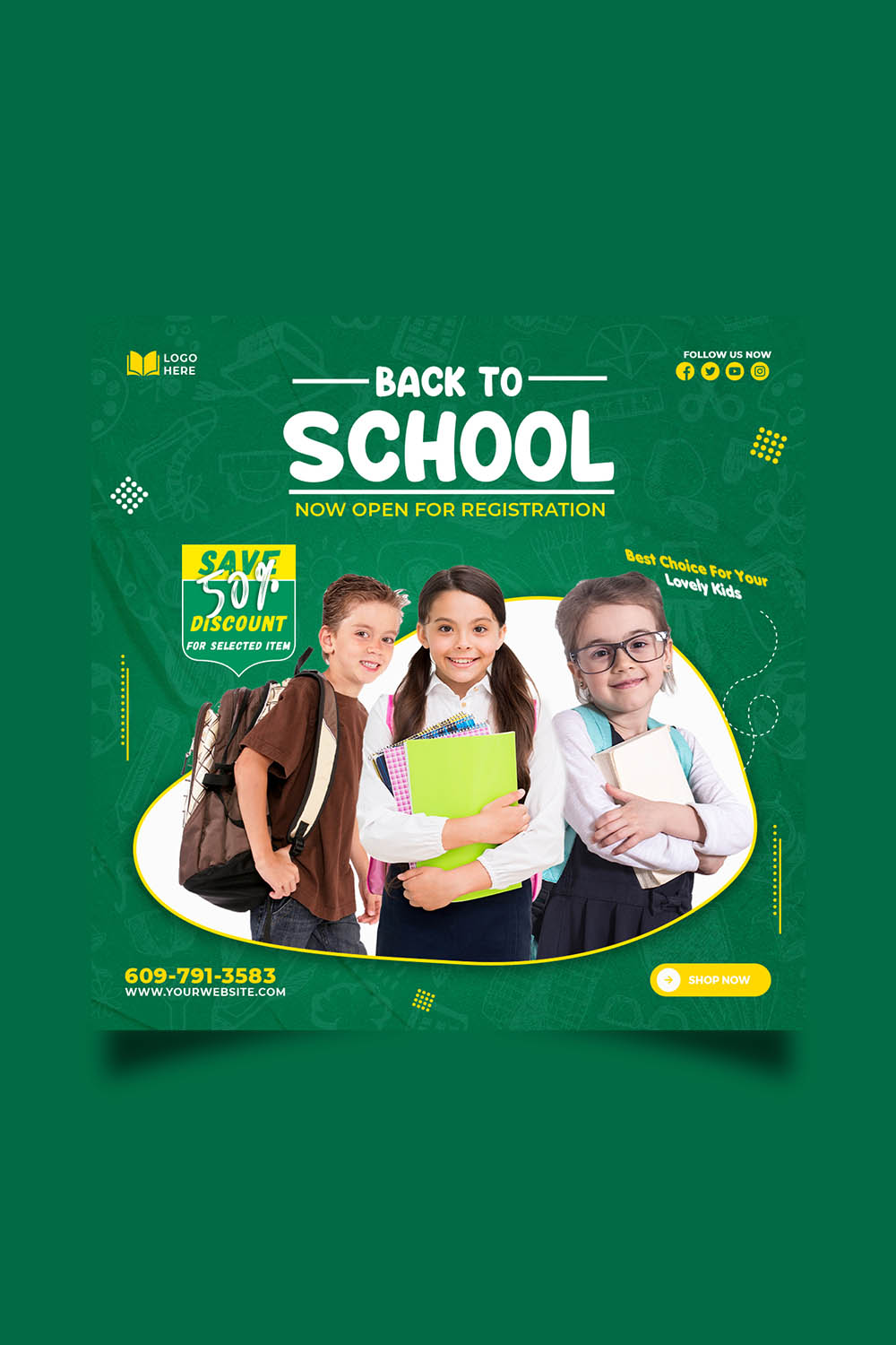 Back to school admission media post design template pinterest preview image.