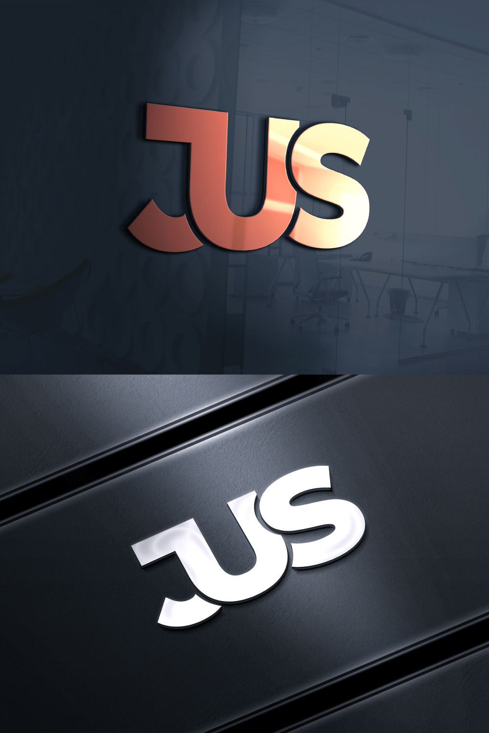 JUS Letter logo design for your brand pinterest preview image.