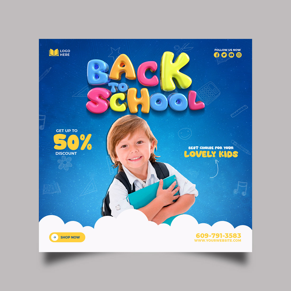 Back to school admission media post design template preview image.