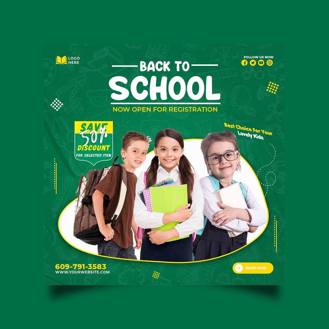 Back to school admission media post design template preview image.