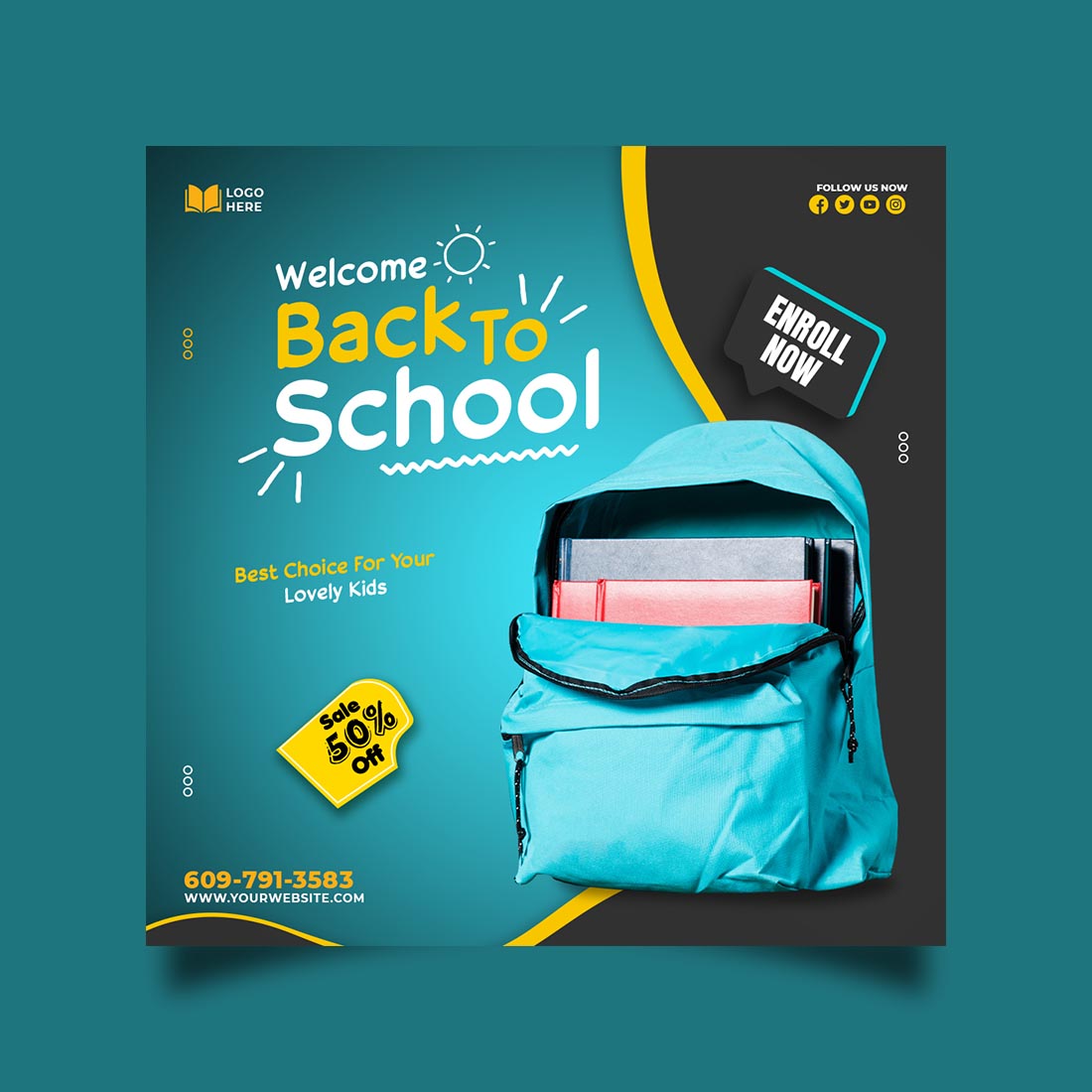 Back to school admission media post design template preview image.