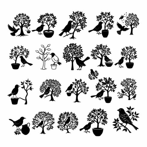 21 Elegant Bird Water Pot with Tree Silhouette Design bundle cover image.