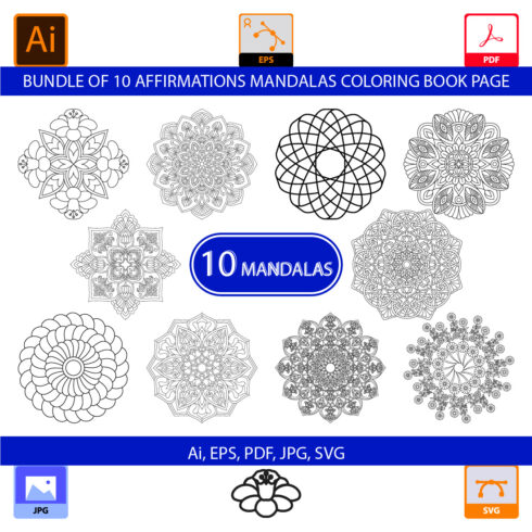 Bundle of 10 Affirmations Mandalas Coloring Book Page cover image.