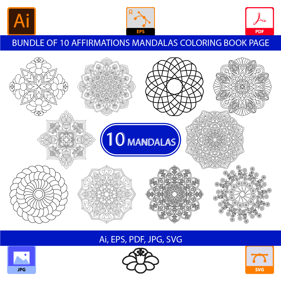 Bundle of 10 Affirmations Mandalas Coloring Book Page cover image.