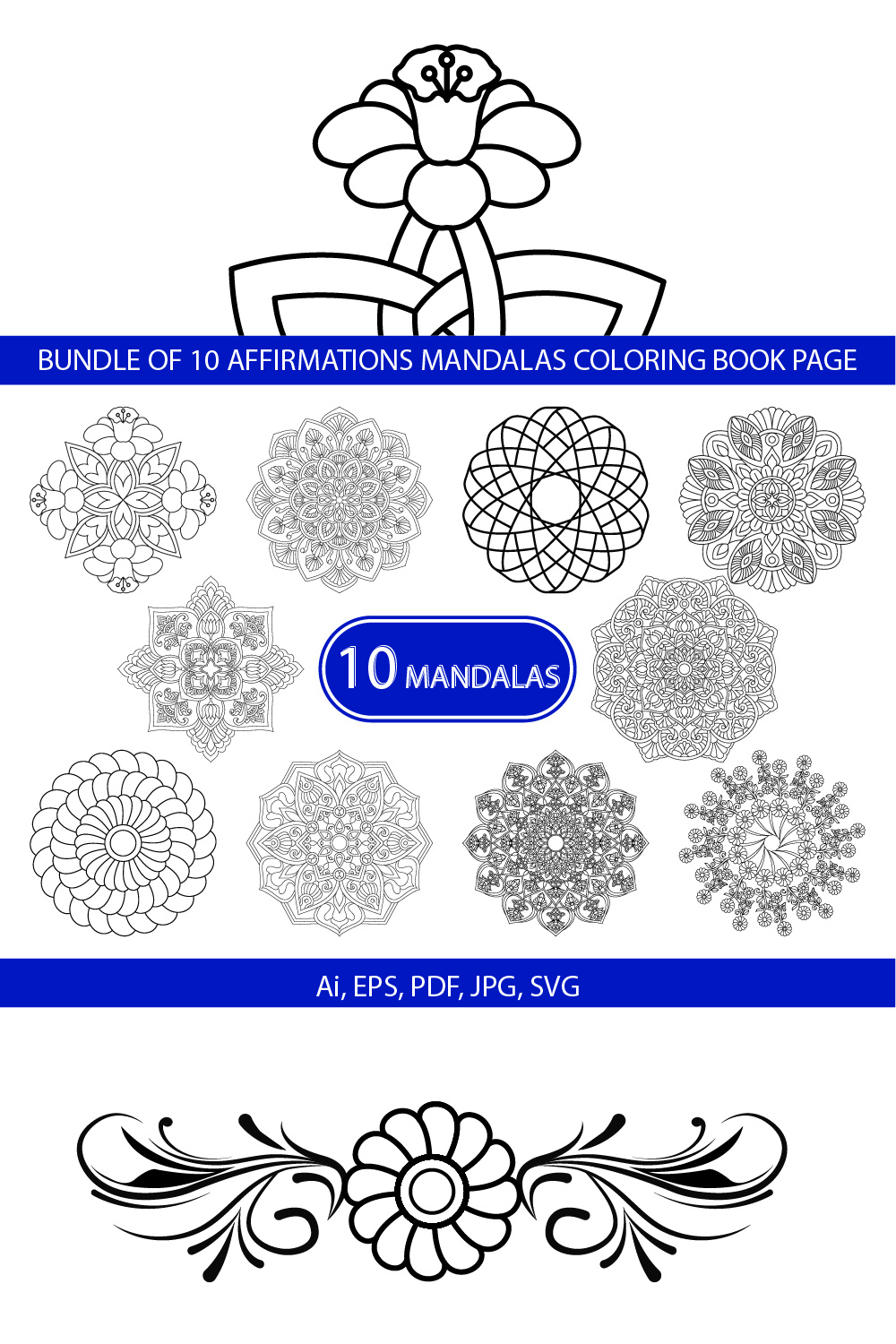 Bundle of 10 Affirmations Mandalas Coloring Book Page pinterest preview image.