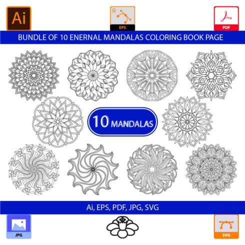 Bundle of 10 Eternal Mandalas Coloring Book Page cover image.