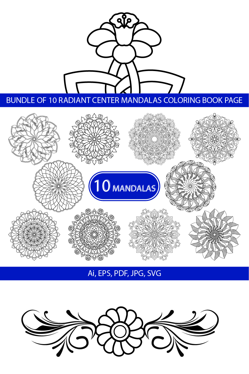 Bundle of 10 Radiant Center Mandalas Coloring Book Page pinterest preview image.