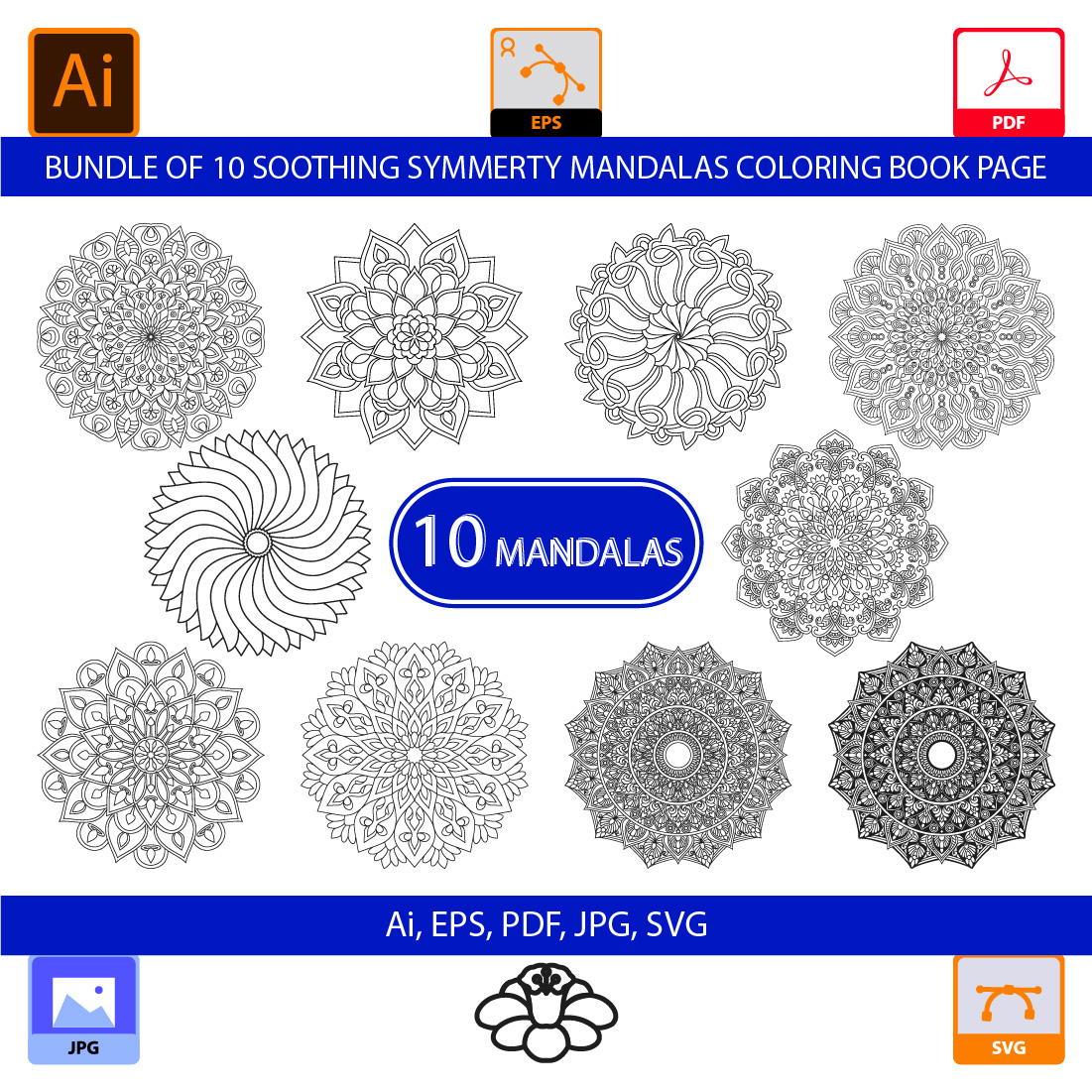 Bundle of 10 Soothing Symmetry Mandalas Coloring Book Page cover image.