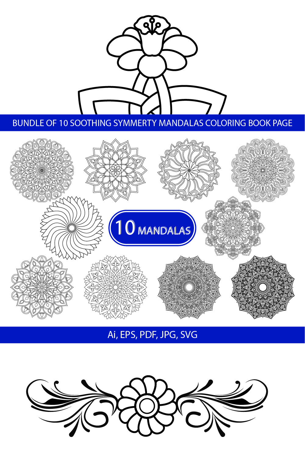 Bundle of 10 Soothing Symmetry Mandalas Coloring Book Page pinterest preview image.