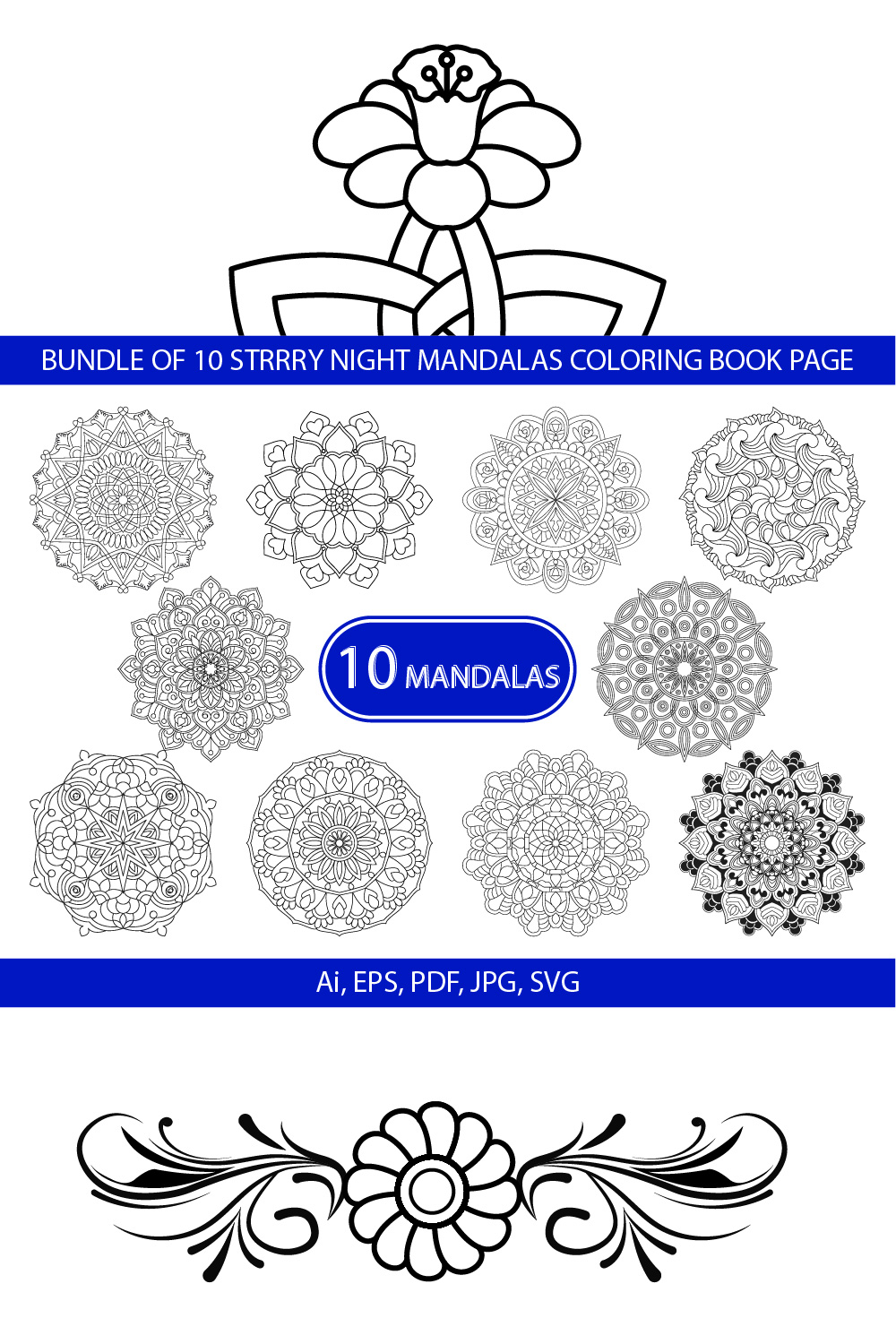 Bundle of 10 Starry Night Mandalas Coloring Book Page pinterest preview image.