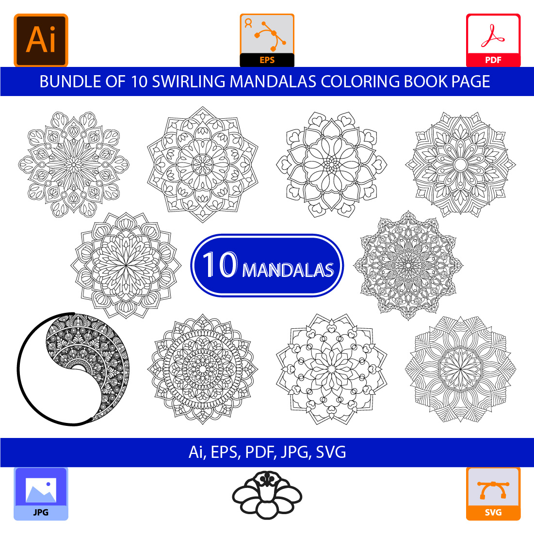 Bundle of 10 Swirling Mandalas Coloring Book Page cover image.