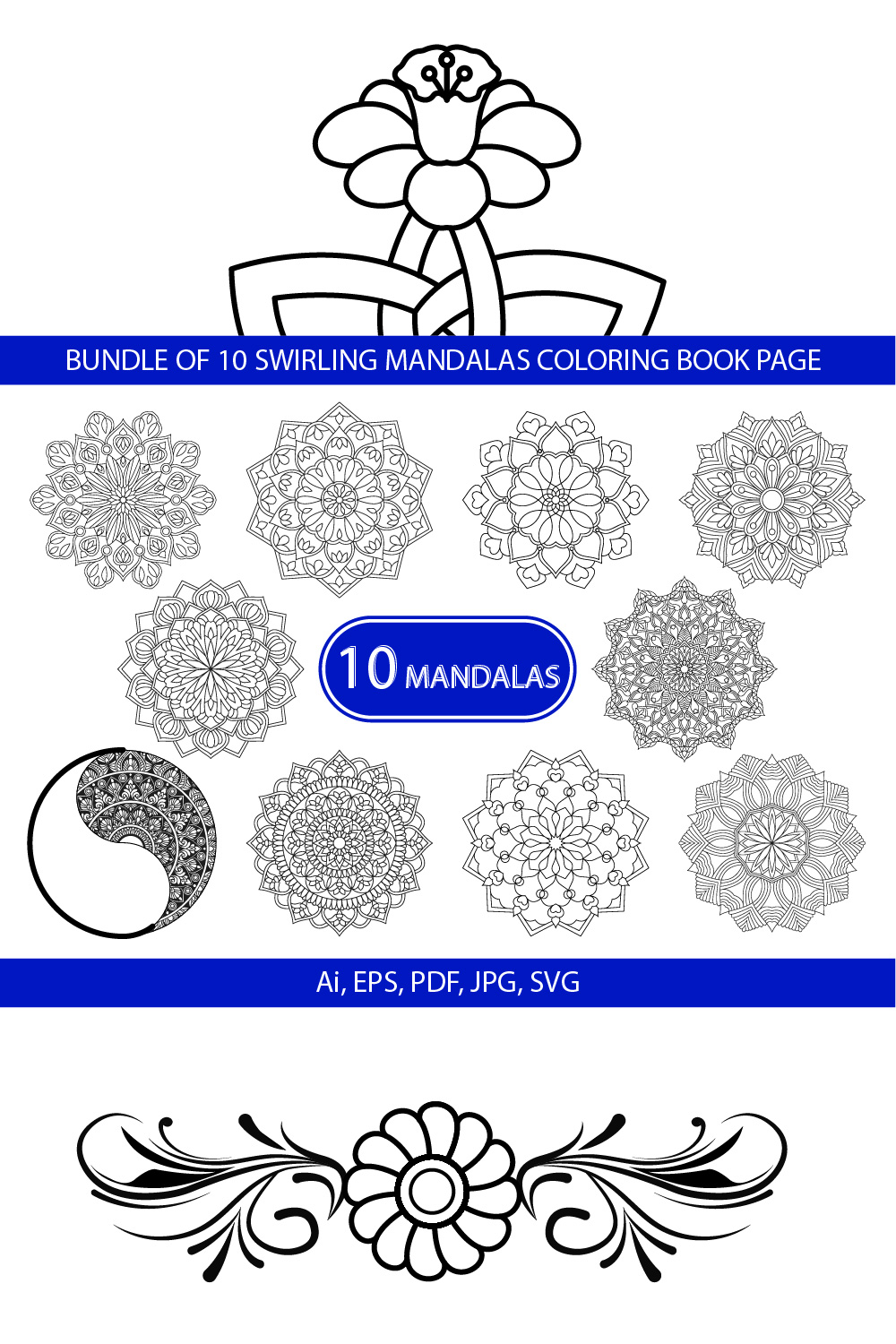 Bundle of 10 Swirling Mandalas Coloring Book Page pinterest preview image.