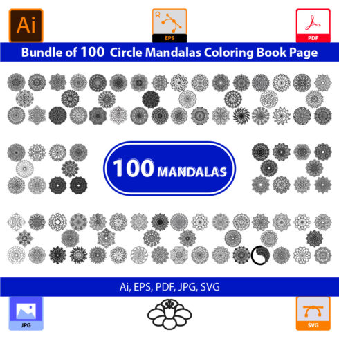 Bundle of 100 Circle Mandalas Coloring Book Page cover image.