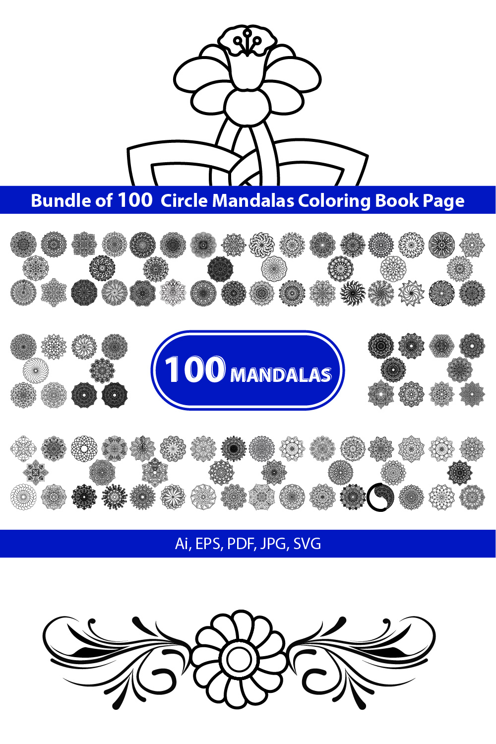 Bundle of 100 Circle Mandalas Coloring Book Page pinterest preview image.