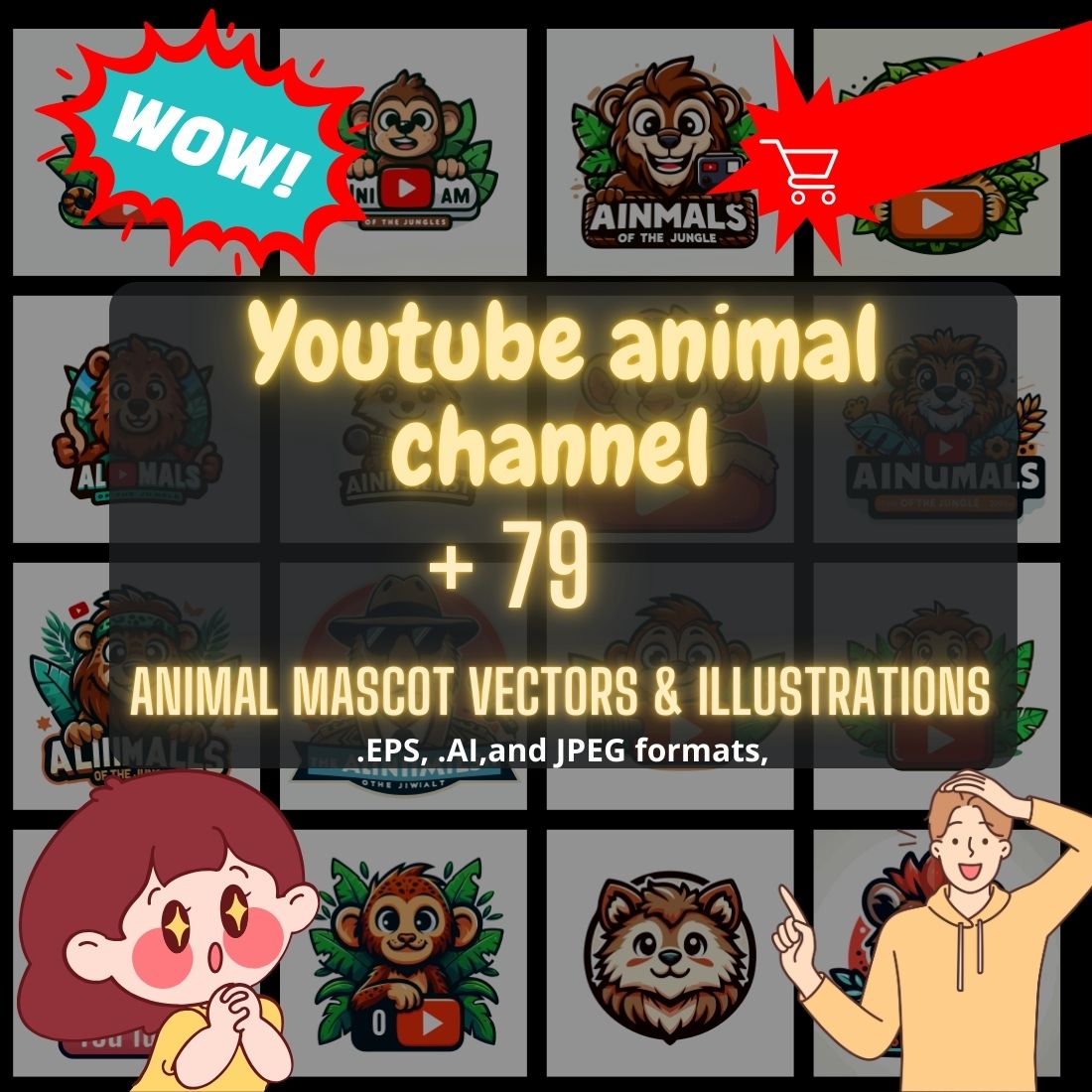 YouTube Animals Mascot Sticker Pack - more than 79 Vectors Art Illustrations cover image.