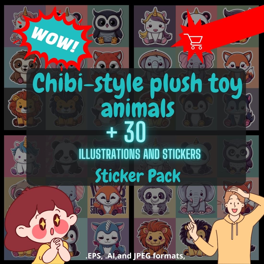 30 Chibi-Style Plush Toy Animals Sticker Pack - Vector Art Illustrations preview image.