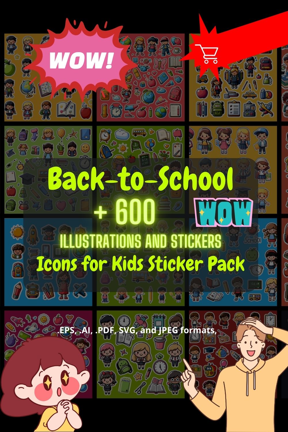 Back-to-School Icons for Kids Sticker pinterest preview image.