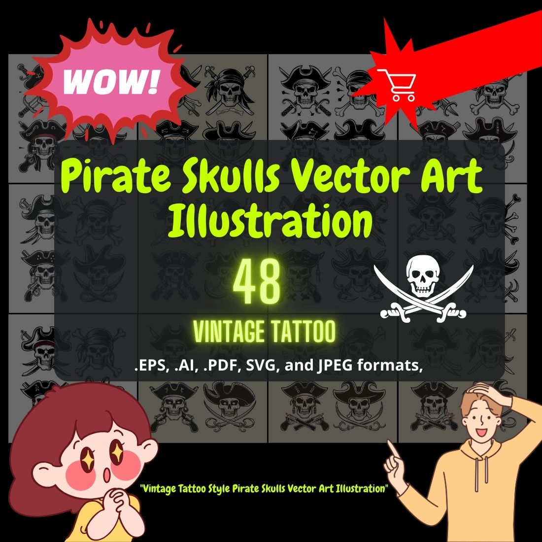 Vintage Tattoo Style Pirate Skulls Vector Art Illustration Collection preview image.