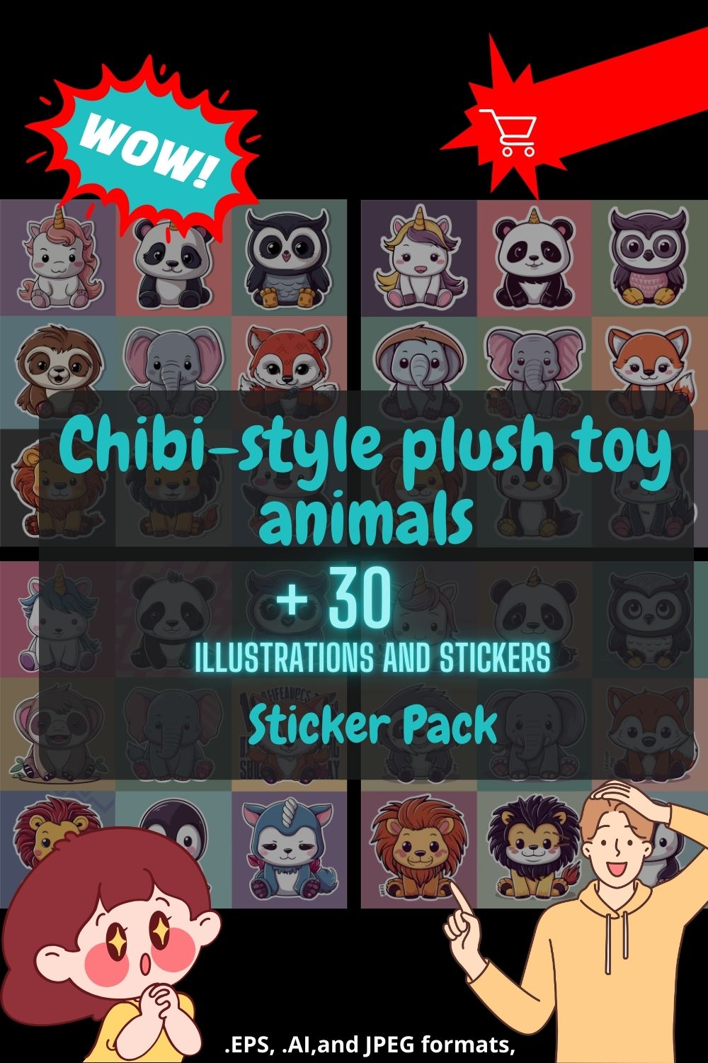 30 Chibi-Style Plush Toy Animals Sticker Pack - Vector Art Illustrations pinterest preview image.