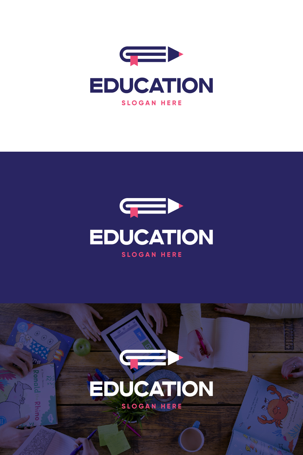 Educational minimal logo design combine book and pencil pinterest preview image.