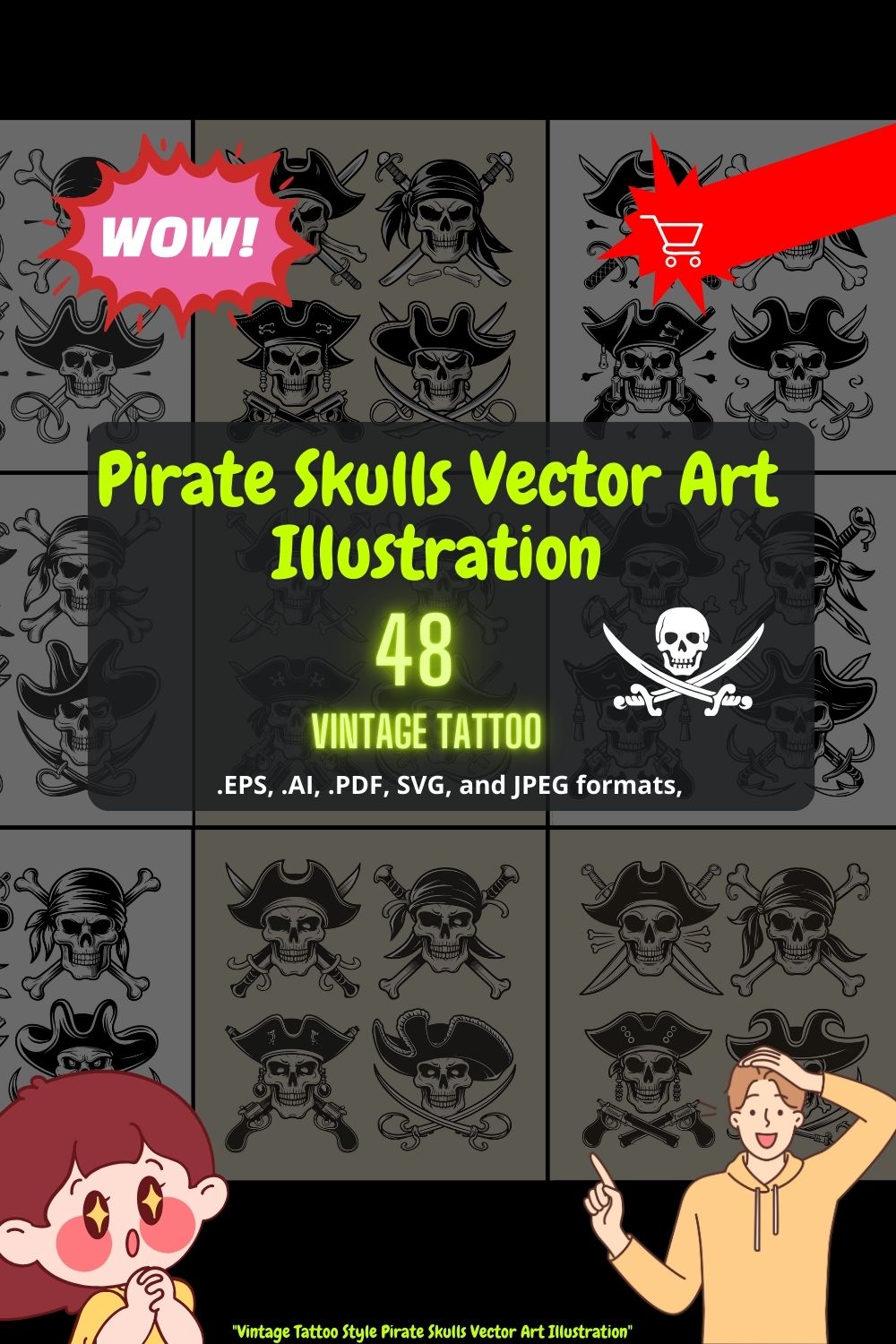 Vintage Tattoo Style Pirate Skulls Vector Art Illustration Collection pinterest preview image.