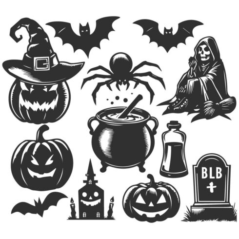 A collection of Halloween elements in black and white bold line and silhouette illustration on white background cover image.