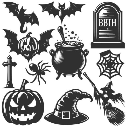 A collection of Halloween elements in black and white bold line and silhouette illustration on white background cover image.