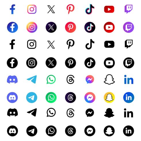 Latest updated social media or social network apps icon set, X, Threads,Instagram, Facebook, YouTube, Tik Tok, Pinterest, WhatsApp, LinkedIn, Telegram, Snapchat, Viber, Twitter, Zoom vector bundle  cover image.