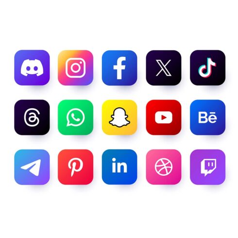 Latest updated social media or social network apps icon set, X, Threads,Instagram, Facebook, YouTube, Tik Tok, Pinterest, WhatsApp, LinkedIn, Telegram, Snapchat, Viber, Twitter, Zoom vector bundle  cover image.