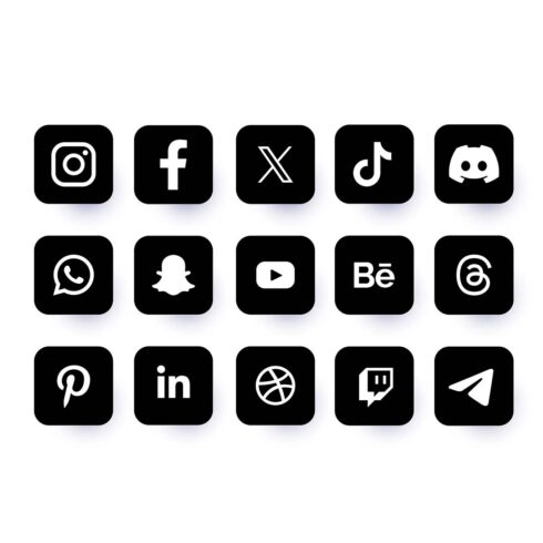 Latest updated social media or social network apps icon set, X, Threads,Instagram, Facebook, YouTube, Tik Tok, Pinterest, WhatsApp, LinkedIn, Telegram, Snapchat, Viber, Twitter, Zoom vector bundle  cover image.