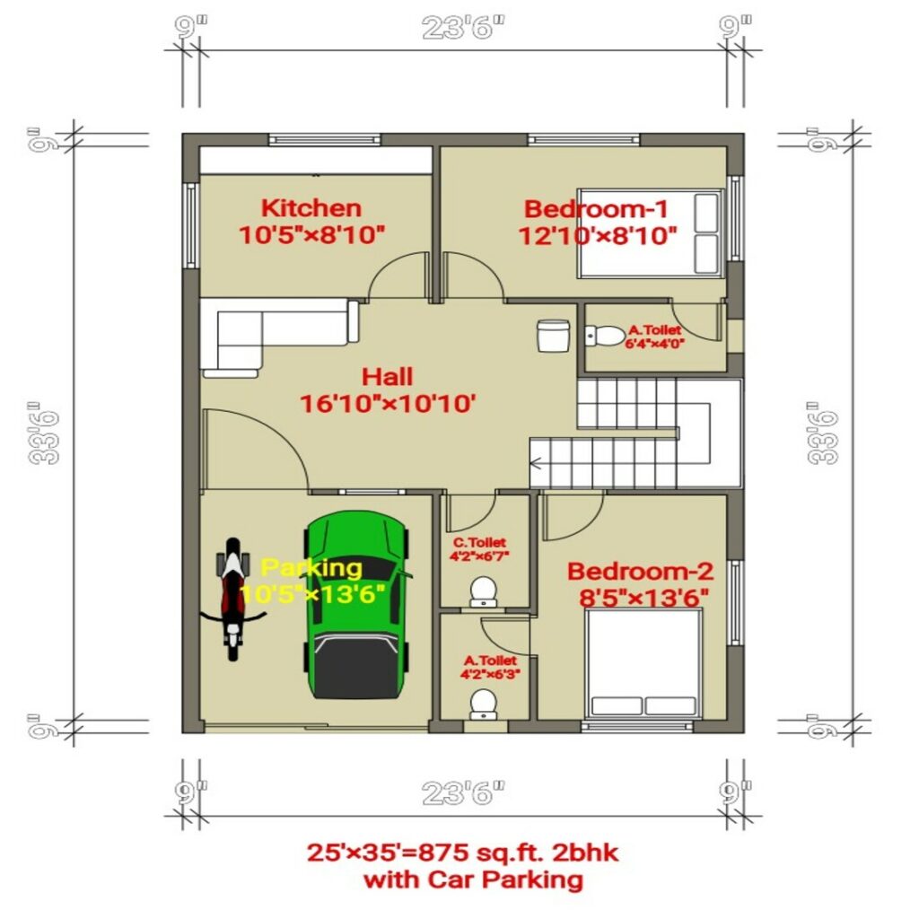 25'×35'=875 sq.ft.2bhk with small car parking home design - MasterBundles