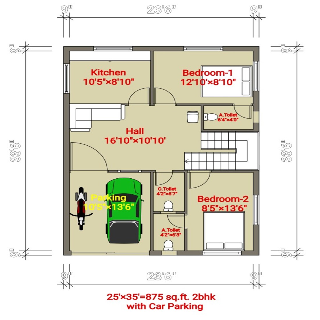 25'×35'=875 sqft2bhk with small car parking home design preview image.