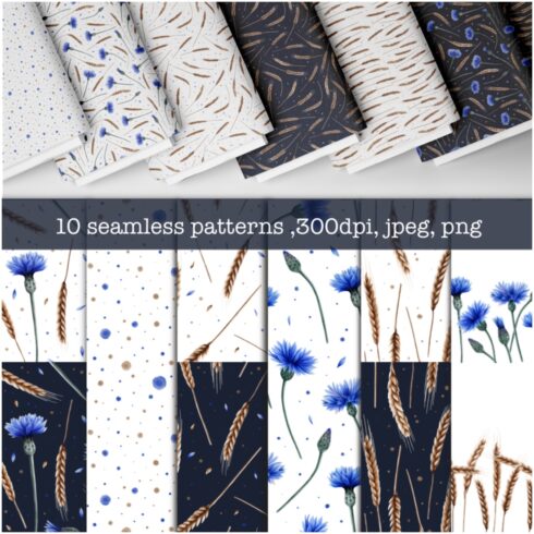 Seamless pattern of cornflowers and spikelets cover image.