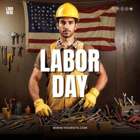 Labor Day USA Poster PSD Template Design cover image.