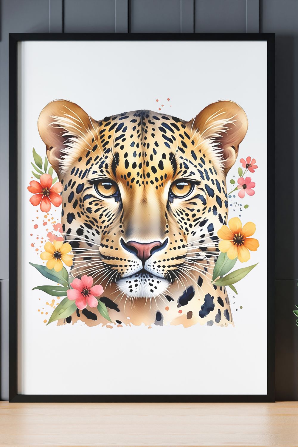 Leopard Watercolor Graphics pinterest preview image.