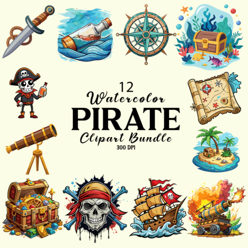 Watercolor Pirate Clipart Bundle cover image.