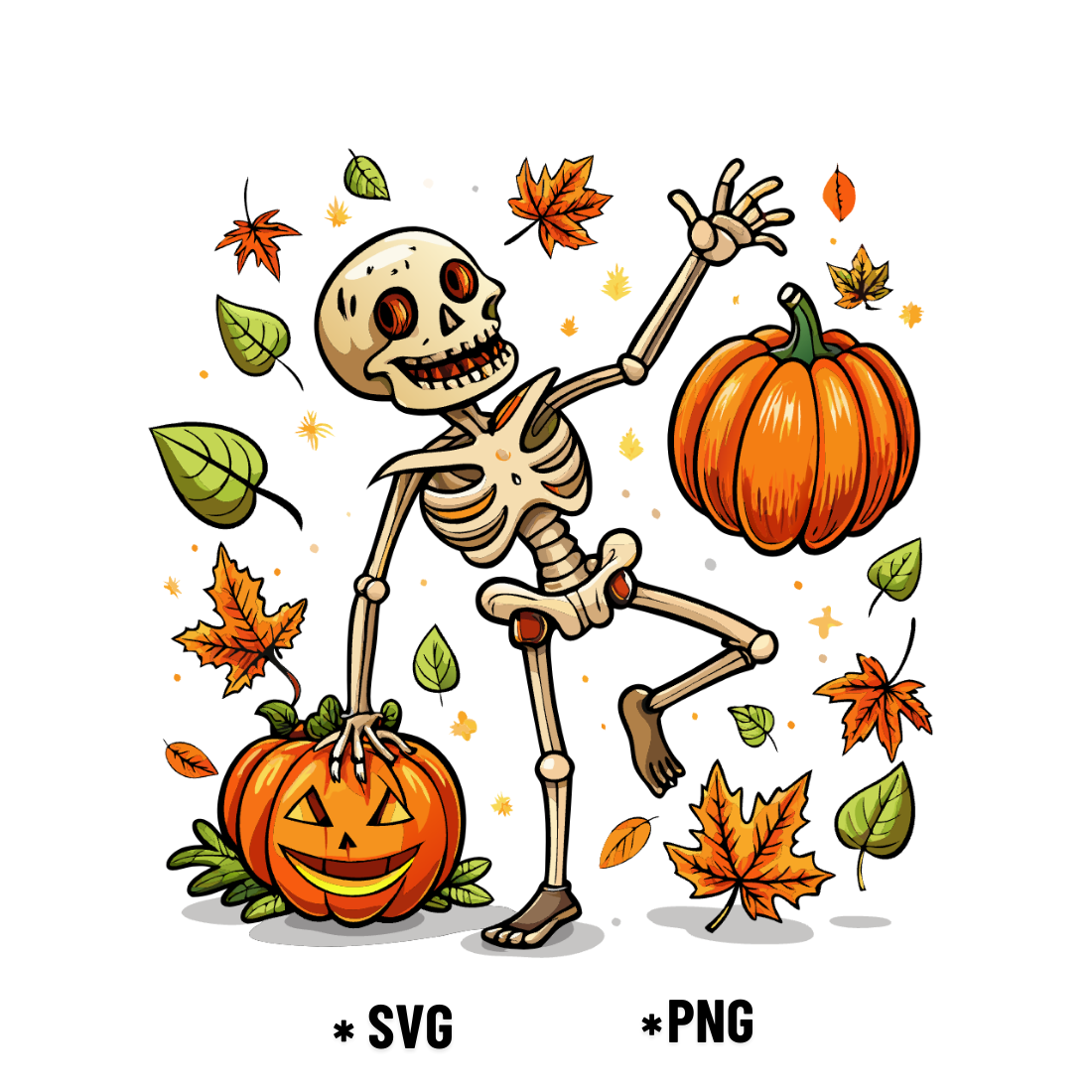 Dancing Skeleton with Pumpkin and Leaves preview image.