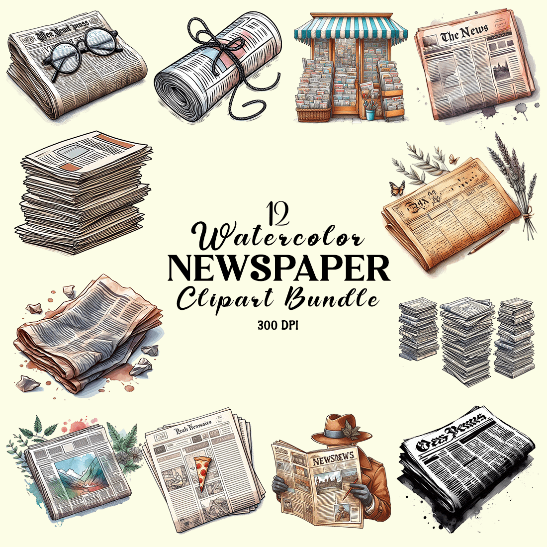 Watercolor Newspaper Clipart Bundle cover image.