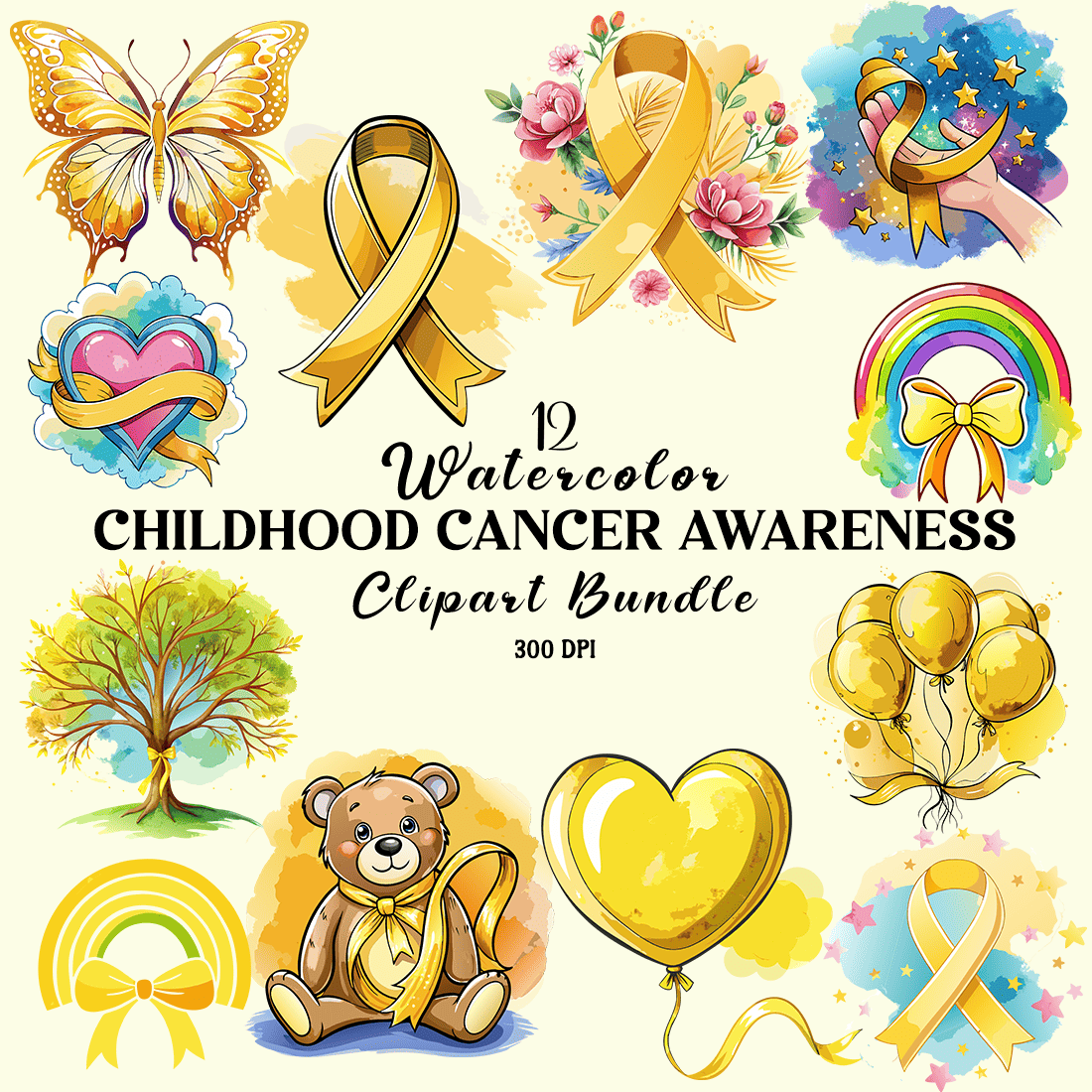 Watercolor Childhood Cancer Awareness Clipart Bundle cover image.