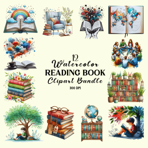 Watercolor Reading Book Clipart Bundle cover image.