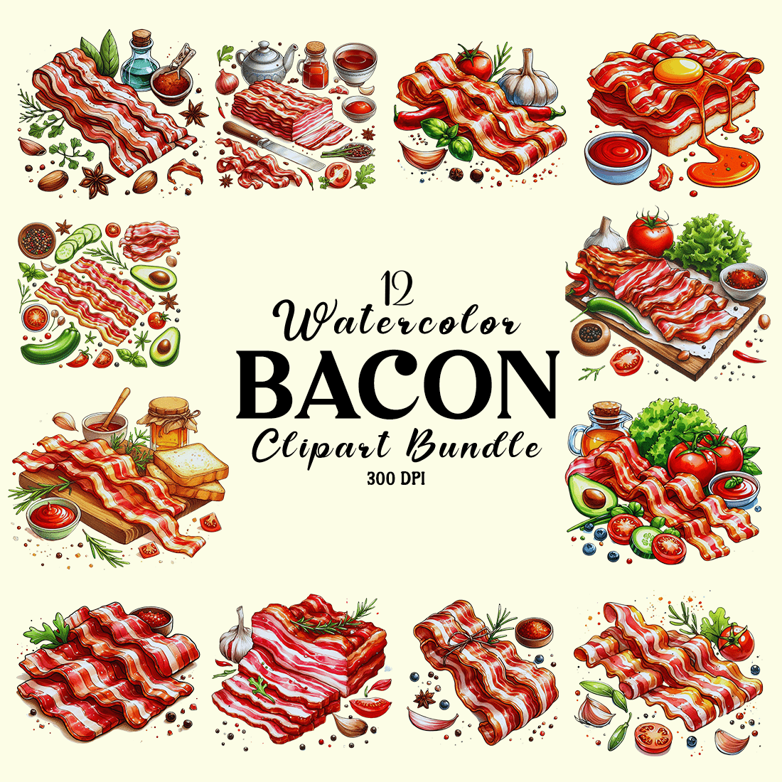 Watercolor Bacon Sublimation Clipart cover image.