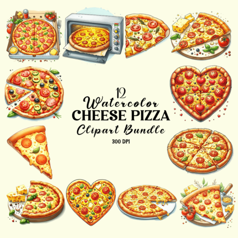 Watercolor Cheese Pizza Clipart Bundle cover image.