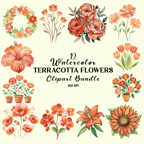 Watercolor Terracotta Flowers Clipart Bundle cover image.