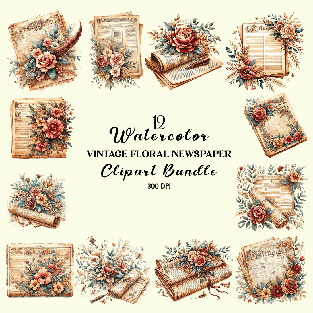 Watercolor Vintage Floral Newspaper Clipart Bundle cover image.