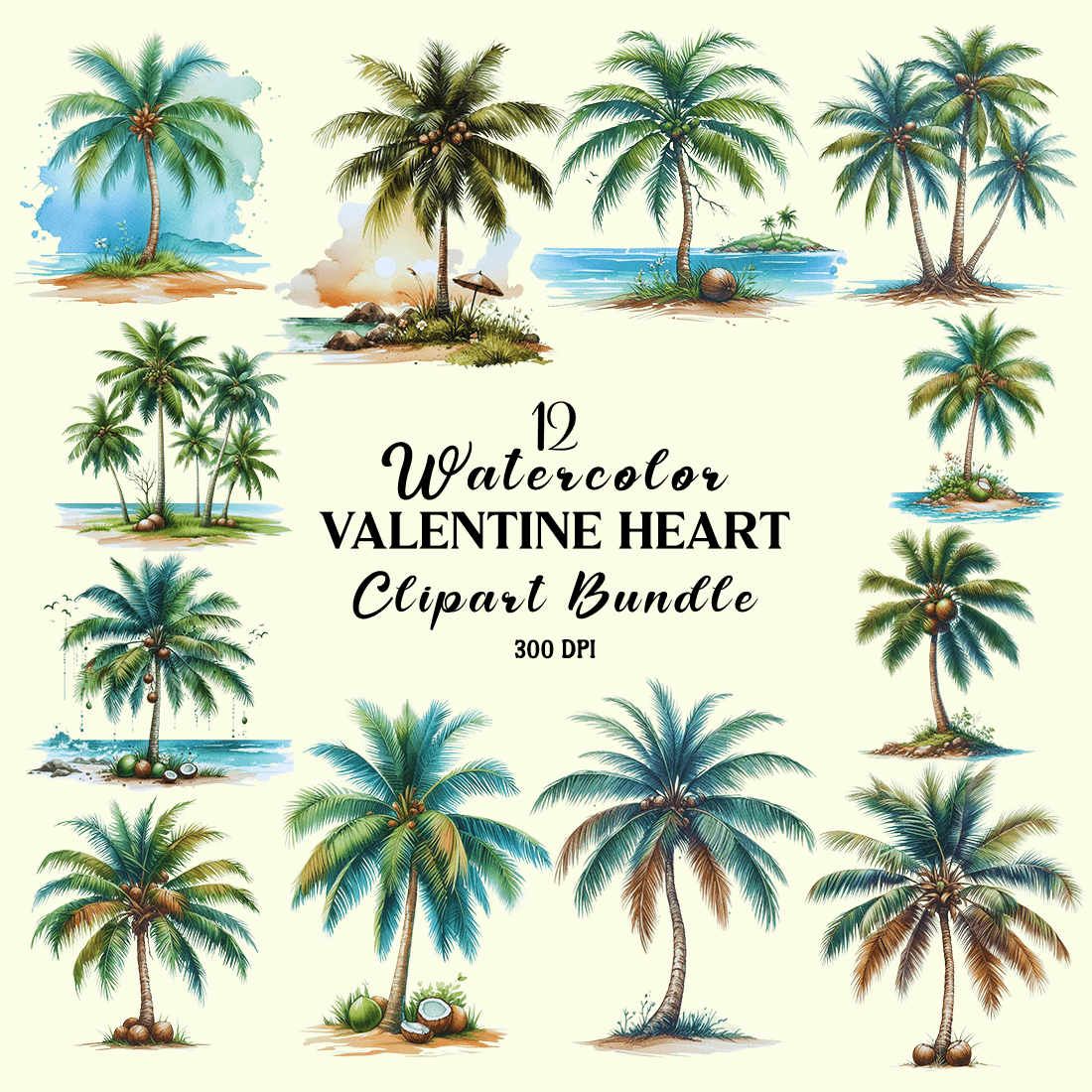 Watercolor Coconut Tree Clipart Bundle cover image.