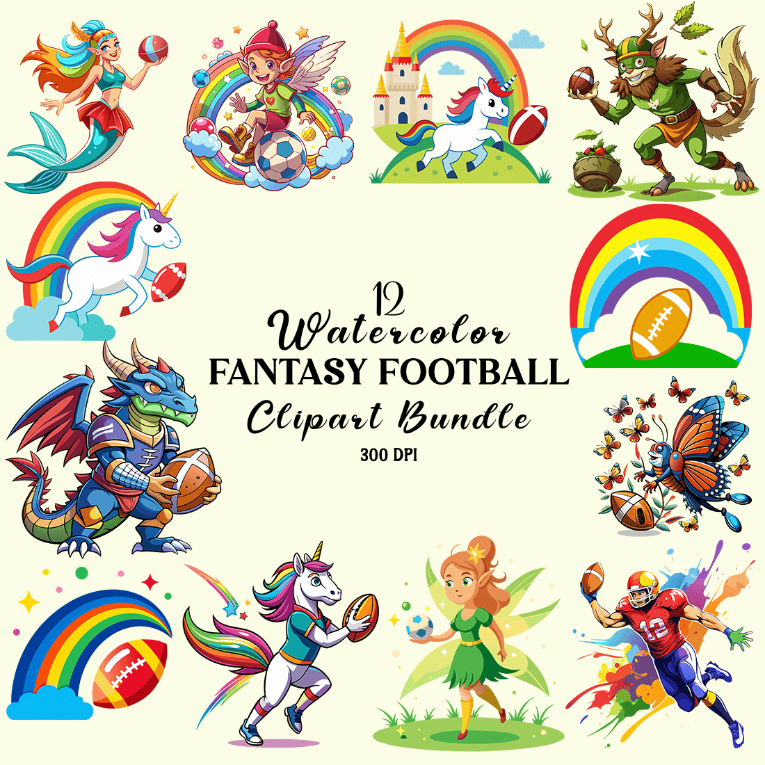 Watercolor Fantasy Football Clipart Bundle cover image.