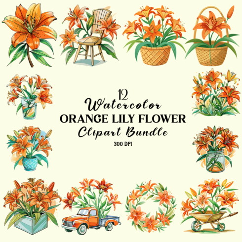 Watercolor Orange Lily Flower Clipart Bundle cover image.