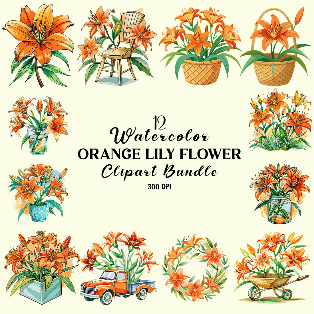 Watercolor Orange Lily Flower Clipart Bundle cover image.