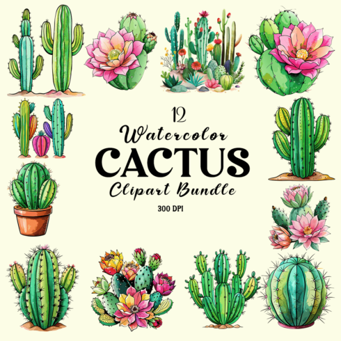 Watercolor Cactus Clipart Bundle cover image.