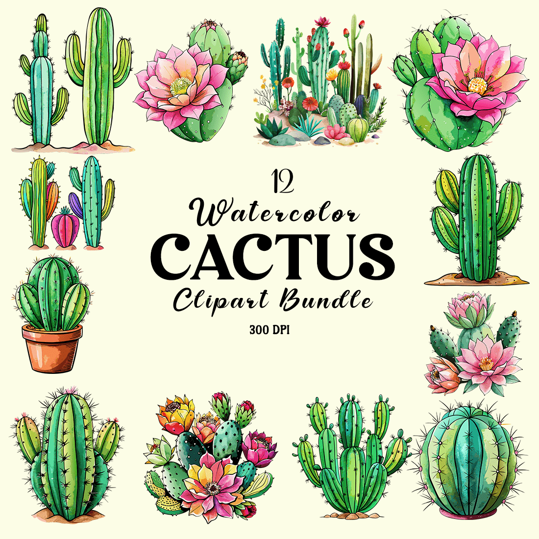 Watercolor Cactus Clipart Bundle cover image.